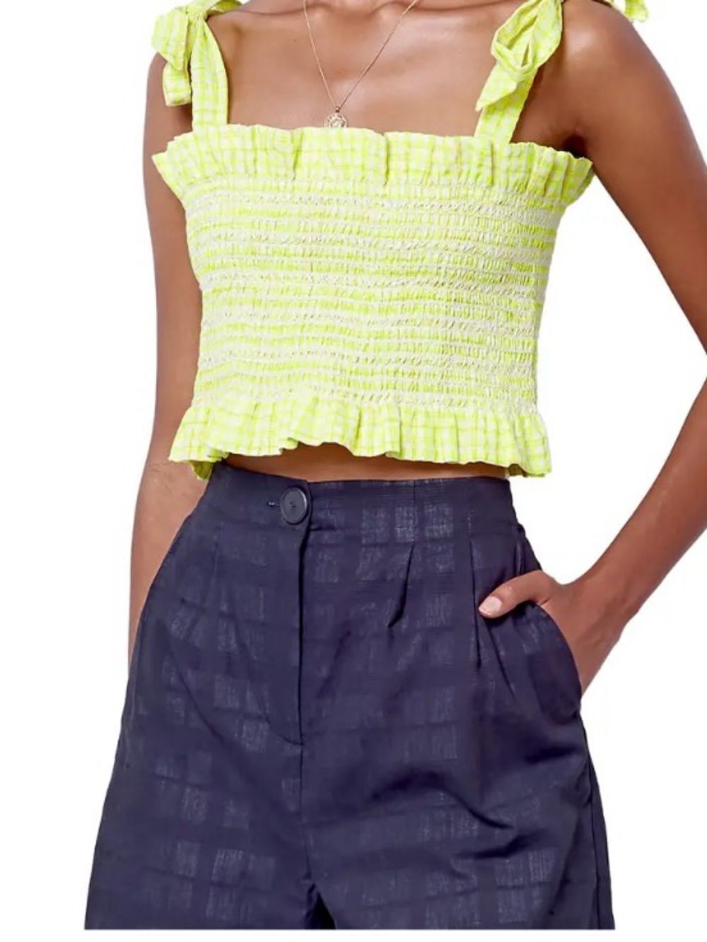 Corey Lynn Calter Pale Yellow Smocked Tie-Shoulder Crop Top